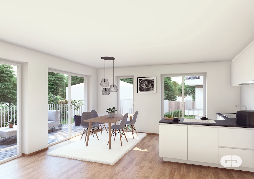 Visualisierung Wohnzimmer mit Küche Eigentumswohnung Bernhardswald bei Regensburg