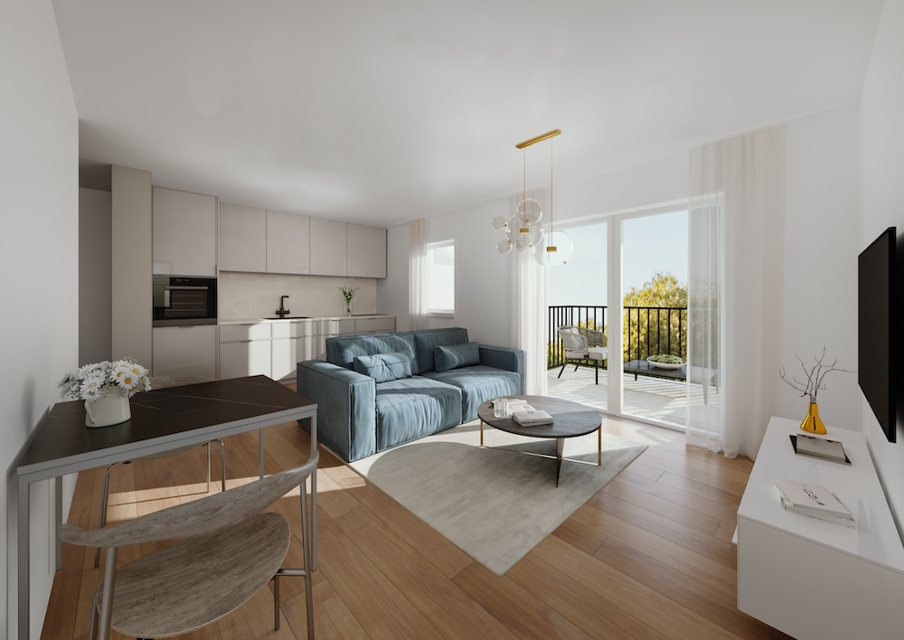Visualisierung Wohnzimmer mit Küche Eigentumswohnung Bernhardswald bei Regensburg